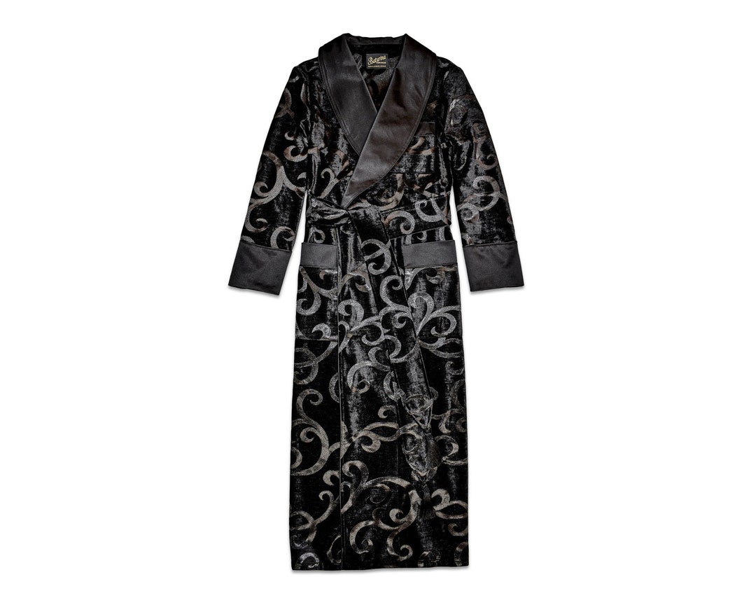 Mens Dressing Gown Black Floral Velvet Housecoat Warm Long Etsy