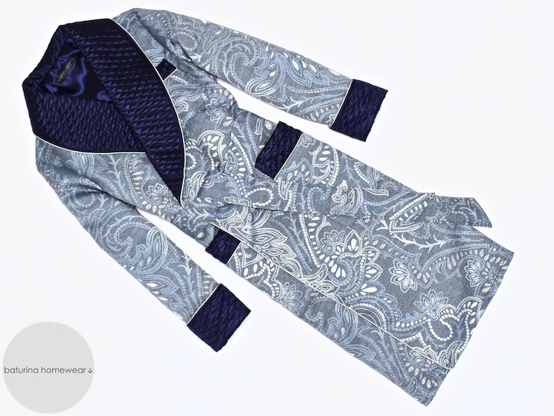 Mens Dressing Gown Paisley Robe Blue Silk Quilted Housecoat Luxury English British Gentleman Victorian Robe Warm Lined Extra Long