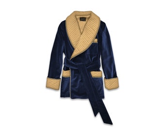 Mens Velvet Robe Smoking Jacket Navy Blue Gold Quilted Silk Collar Dressing Gown Monogrammed Robes Warm Luxury English Vintage Gentleman