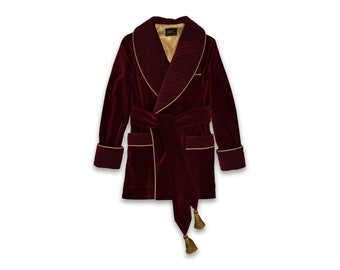 Mens Red Velvet Smoking Jacket Robe Quilted Silk Collar Burgundy Maroon Dressing Gown Warm Luxury English Vintage Gentleman Monogrammed