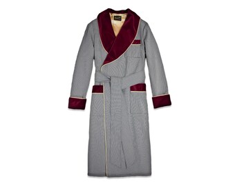 Mens Robe Dressing Gown Jacquard Cotton Smoking Jacket Burgundy Velvet Gold Satin Geometric Medallion Pattern Housecoat Vintage Style