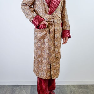 Mens Dressing Gown Gold Brown Floral Paisley Burgundy Quilted Cord Piping Classic Victorian Smoking Jacket Monogrammed Gents Housecoat image 8