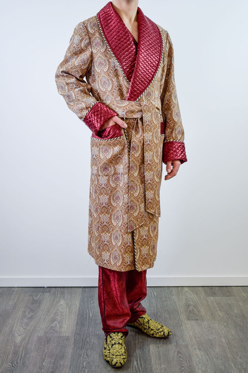 Mens Dressing Gown Gold Brown Floral Paisley Burgundy Quilted Cord Piping Classic Victorian Smoking Jacket Monogrammed Gents Housecoat image 8