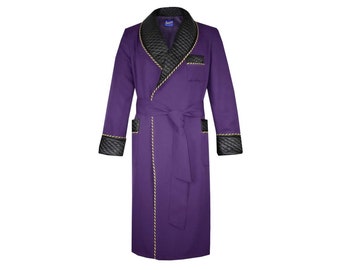 Mens Dressing Gown Purple Cotton, Black Quilted Satin with Striped Cord Piping, Fleece Lined