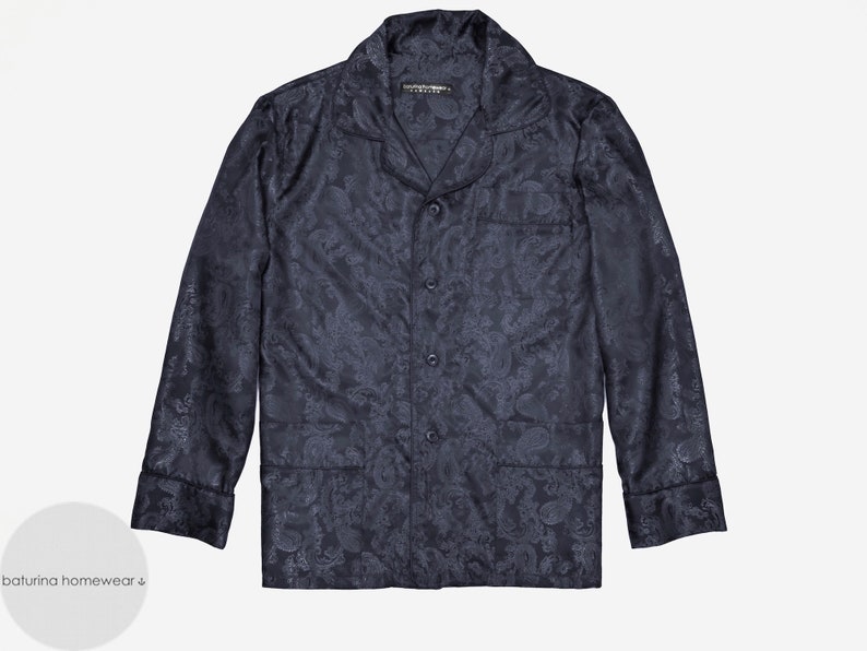 Mens Silk Pajamas Paisley Dark Blue Navy Pyjamas Gentlemans Luxury Pajama Long Sleeve Sleep Shirt Long Lounge Pants Big Tall