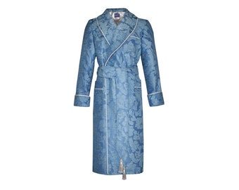 Mens Blue Floral Dressing Gown Cotton Velvet English Gentleman Vintage Morning Robe Smoking Jacket Silky Shawl Collar Victorian Dandy Dapper