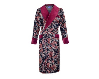 Mens Robe Dressing Gown Burgundy Navy Floral Cotton Jacquard Velvet Vintage Lounging Robes Smoking Jacket Housecoat Monogrammed