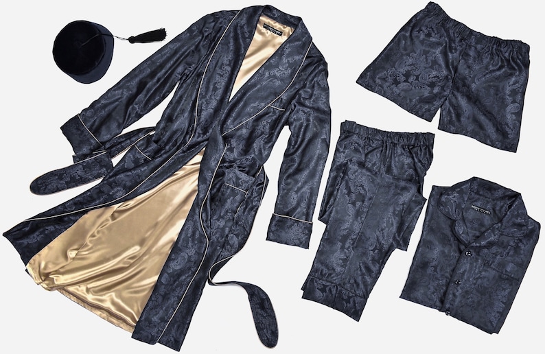 Mens Silk Pajamas Paisley Dark Blue Navy Pyjamas Gentlemans Luxury Pajama Long Sleeve Sleep Shirt Long Lounge Pants Big Tall