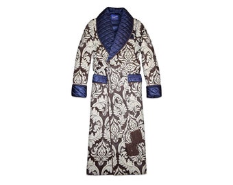 Mens Dressing Gown Navy Blue White Dark Brown Quilted Housecoat Floral Paisley English Gentleman Vintage Robe Monogrammed Smoking Jacket
