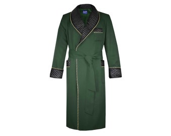 Dark Green Mens Robe Quilted Warm Dressing Gown Luxury Gentleman Smoking Jacket Warm Cotton Old Fashioned Traditional