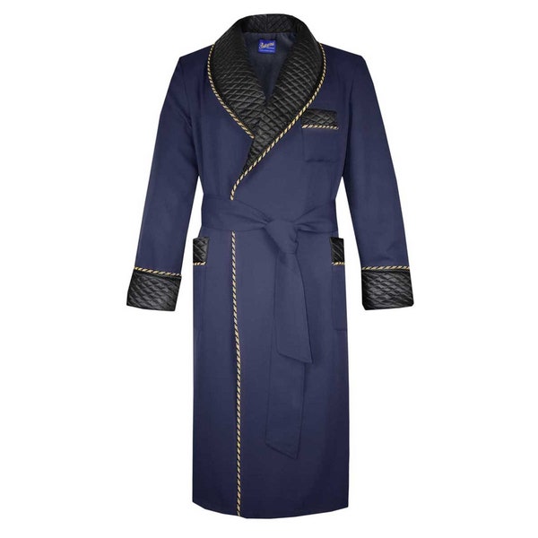 Dark Blue Men's Robe Quilted Warm Dressing Gown Luxury Gentleman Smoking Jacket Warm Cotton Old Fashioned Traditional