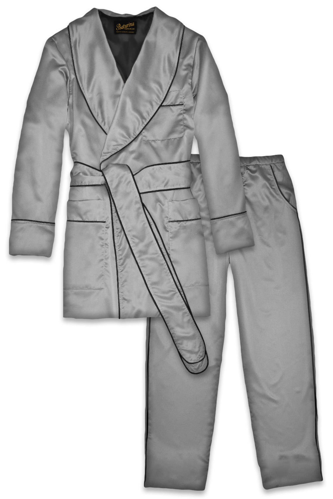 Mens Robe Pajama Set Silver Black Silk Smoking Jacket Lounging Etsy
