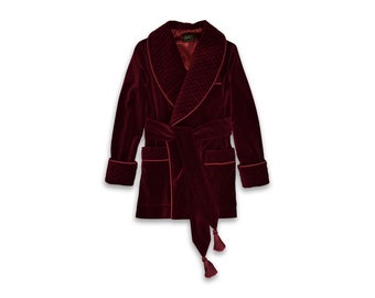 Mens Red Velvet Smoking Jacket Robe Quilted Silk Collar Burgundy Maroon Dressing Gown Warm Luxury English Vintage Gentleman Monogrammed