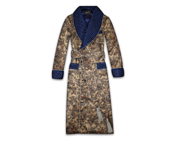 Men's Paisley Dressing Gown Luxury Robe Gold Blue Quilted