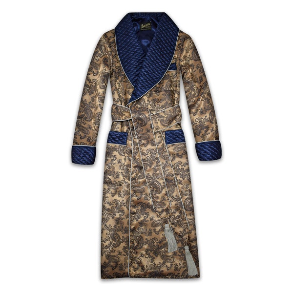 Mens Jacquard Robe Paisley Dressing Gown Smoking Jacket Quilted Dark Navy Blue Gold Silky Victorian Housecoat Classic Gentleman Dandy