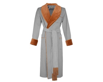 Men’s Dressing Gown Antique Gold Gray Medallion Cotton Jacquard and Velvet with Cord Piping Gentlemans Classic Vintage Style Robe