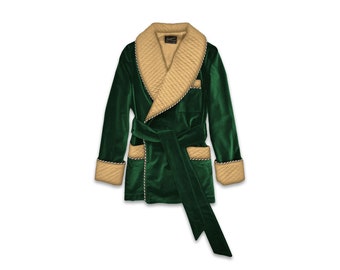 Mens Velvet Robe Smoking Jacket Green Gold Quilted Silk Collar Dressing Gown Monogrammed Robes Warm Luxury English Vintage Gentleman