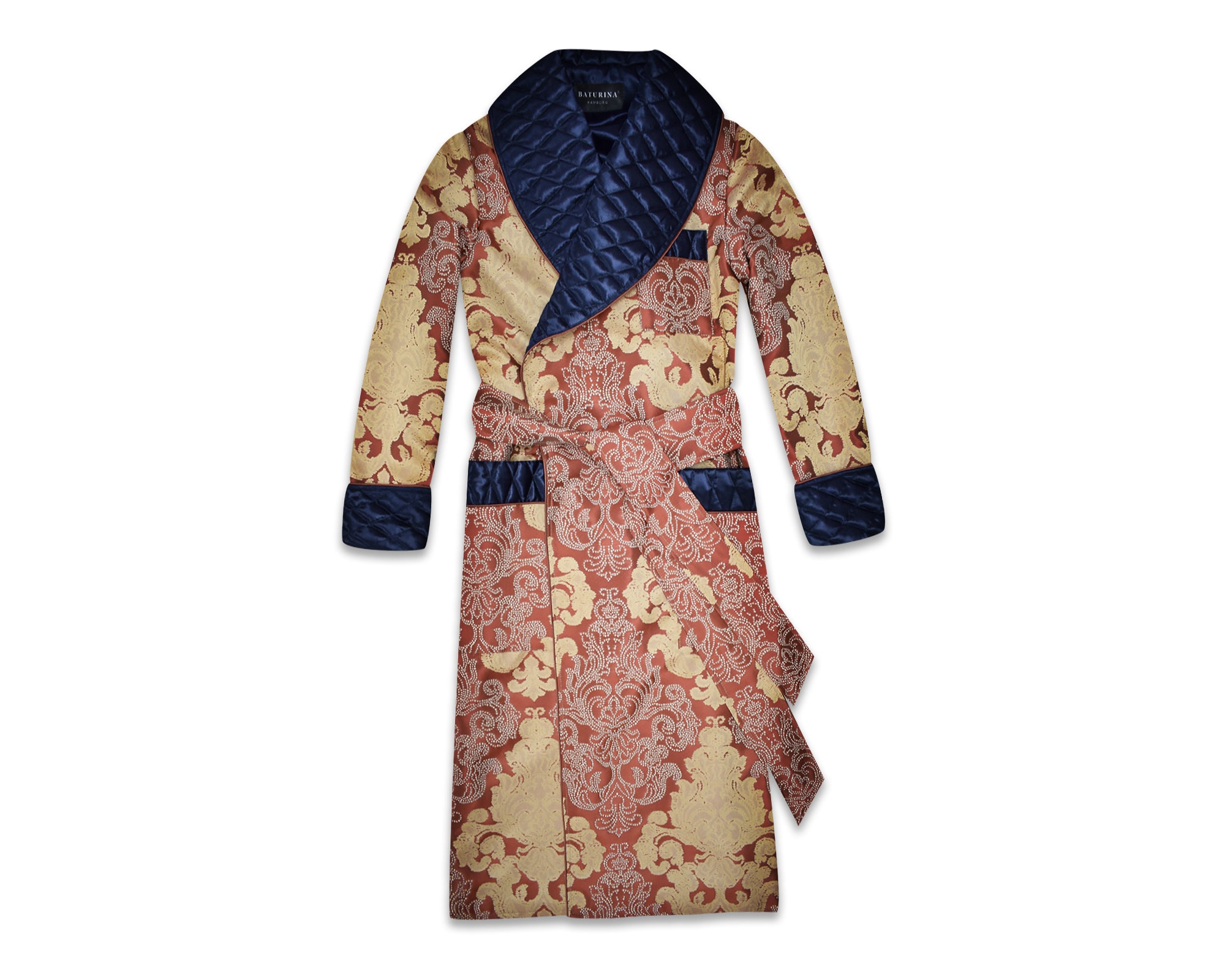 Men's Paisley Dressing Gown Luxury Robe Gold Blue Quilted