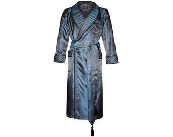 Men’s Dressing Gown Metallic Blue Faux Dupioni Silk Quilted stilvoll exquisit Morgenmantel Englisch klassisch Hausrock elegant edel