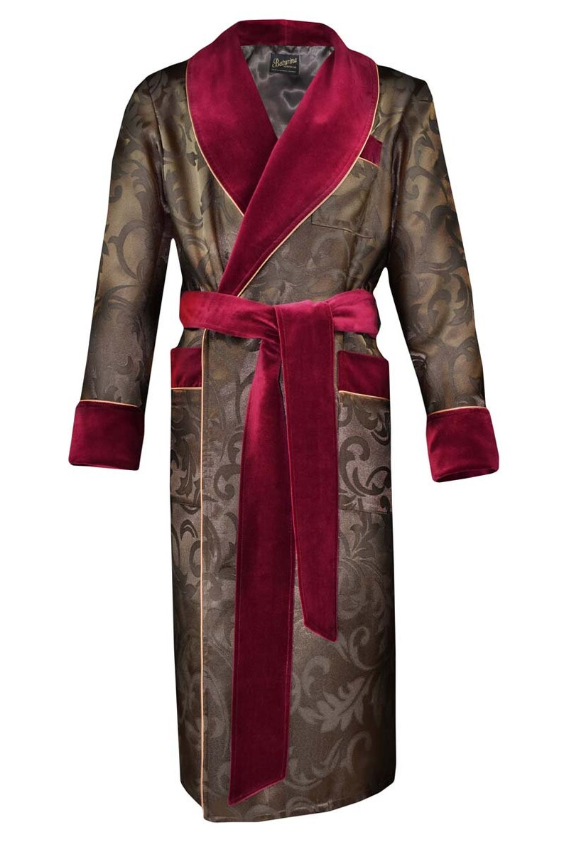 Mens Dressing Gown Brown Floral Jacquard Cotton, Burgundy Velvet, Gold