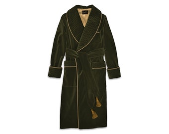 Mens Velvet Robe Smoking Jacket Dark Green Olive Gold Black Satin Lapel Collar Dressing Gown Warm Vintage Gentleman Monogrammed