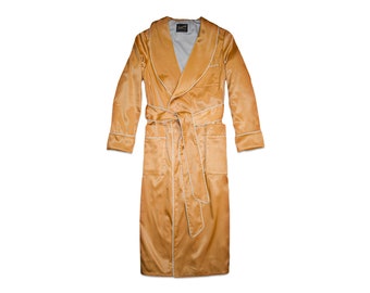 Mens Dressing Gown Gold Satin Luxury English Gentleman Vintage Morning Robe Monogrammed Smoking Jacket