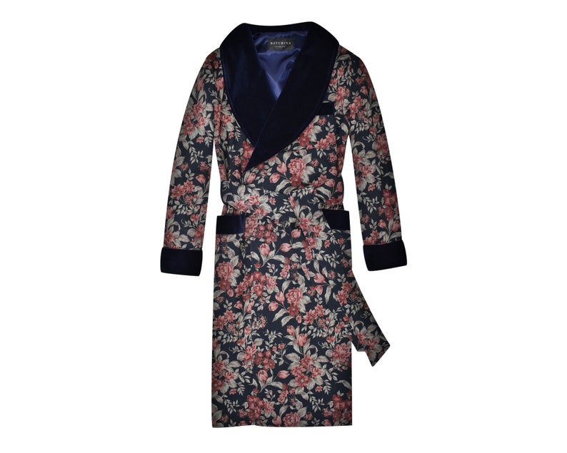 Mens Velvet Robe Navy Blue Floral Dressing Gown Gentleman Etsy