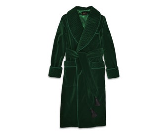 Mens Velvet Smoking Jacket Robe Dark Green Quilted Collar Dressing Gown Warm Luxury English Vintage Gentleman Monogrammed