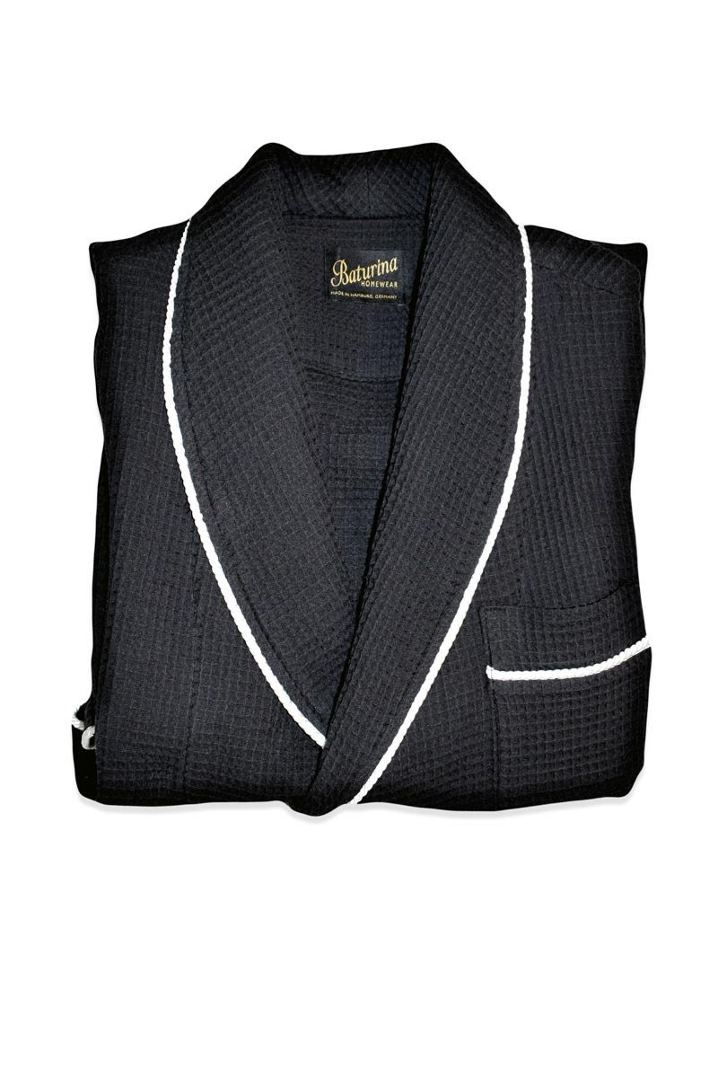 Mens Robe and Pants Set Black Waffle Cotton White Piping Summer Travel