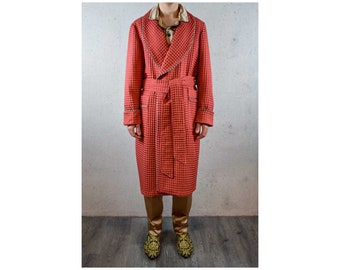 Men’s Bathrobe Cotton Waffle Pique Red Monogrammed Gents Housecoat Dressing Gown Robe Smoking Jacket