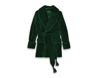 Mens Velvet Smoking Jacket Robe Dark Bottle Green  Quilted Silk Collar Dressing Gown Warm Luxury English Vintage Gentleman Monogrammed