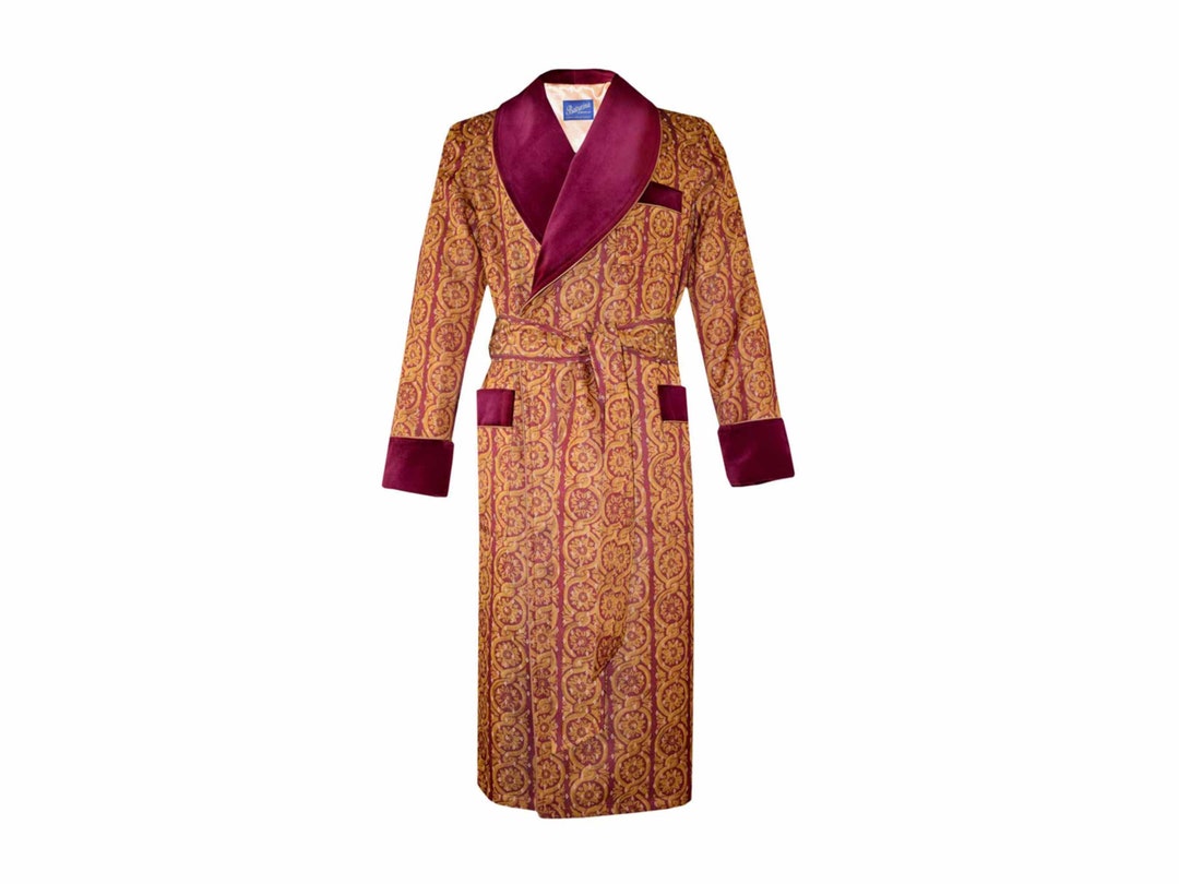 Mens Dressing Gown Gold Burgundy Velvet Vintage Lounging Robe Smoking Jacket Housecoat