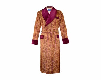 Mens Dressing Gown Gold Burgundy Velvet Vintage Lounging Robe Smoking Jacket Housecoat Monogrammed Victorian Regency