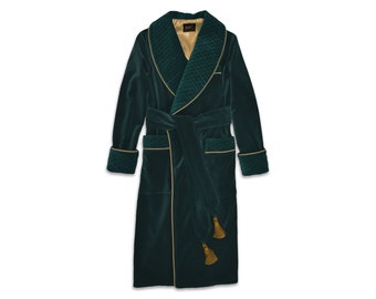 Mens Velvet Robe Smoking Jacket Green Quilted Lapel Collar Dressing Gown Extra Warm Long Vintage Gentleman Monogrammed Housecoat