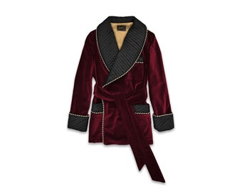 Mens Red Black Velvet Smoking Jacket Robe Quilted Silk Collar Burgundy Gold Dressing Gown Warm Luxury English Vintage Gentleman Monogrammed