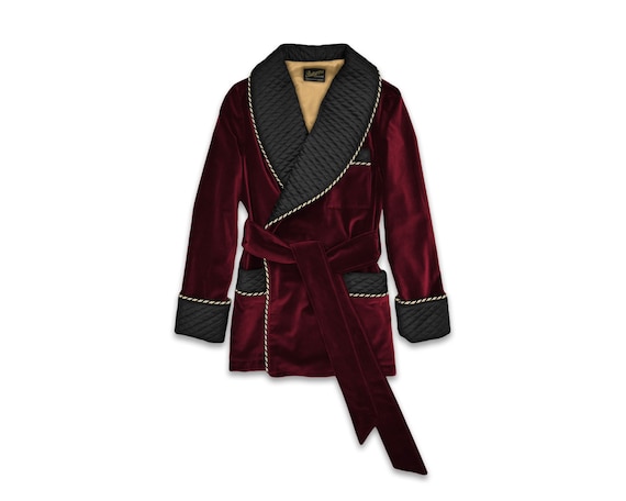 Mens Red Black Velvet Smoking Jacket Robe Quilted Silk Collar