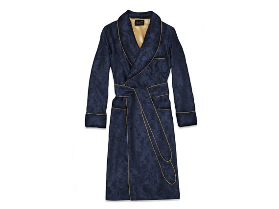 Peignoir homme bleu fonce paisley or satin robe de chambre elegant elegant classique peignoir style anglais bleu marine bleu profond Etsy France