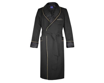 Mens Dressing Gown Black Cotton, Quilted Satin with Striped Cord Piping, Fleece Lined