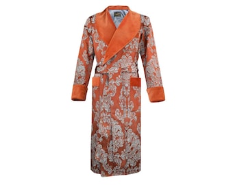 Men’s Dressing Gown Orange Blue Baroque Jacquard Cotton Velvet Gentlemans Classic Vintage Style Housecoat Full Length Personalized Robe