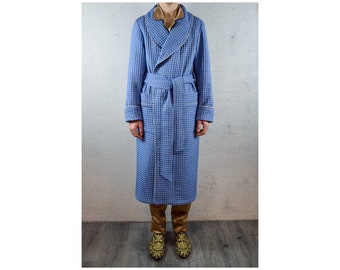 Men’s Bathrobe Cotton Waffle Pique Blue Monogrammed Gents Housecoat Dressing Gown Robe Smoking Jacket