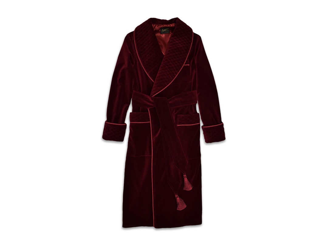 Mens Velvet Dressing Gown Smoking Jacket Robe Burgundy Gold Etsy