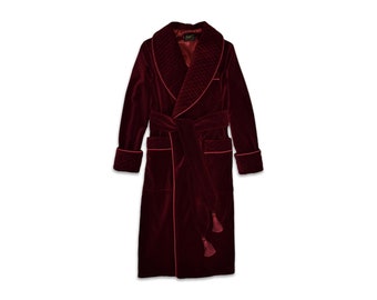 Mens Velvet Dressing Gown Smoking Jacket Robe Burgundy Gold Maroon Wine Quilted Collar Dressing Gown Warm Vintage Gentleman Monogrammed