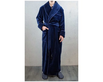 Dark Blue Velvet Men's Robe Quilted Dressing Gown Luxury Gentleman Smoking Jacket Warm Cotton Old Fashioned Traditional