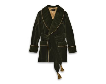 Mens Velvet Robe Smoking Jacket Green Black Gold Quilted Collar Dressing Gown Warm Vintage Gentleman Monogrammed Dressing Gown