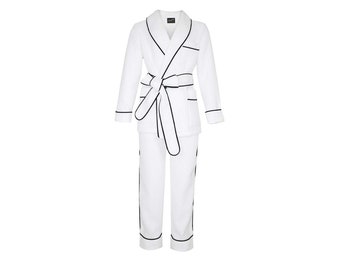 Men’s Robe and Pants Set White Waffle Cotton Black Piping Summer Travel Vintage Dressing Gown Housecoat Pajamas