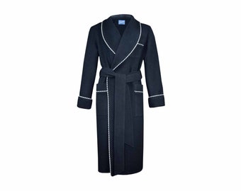 Men's Bathrobe Navy Blue Cotton Waffle Pique Summer Travel Vintage Dressing Gown Housecoat Personalized extra long light weight