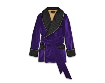 Mens Purple Black Velvet Smoking Jacket Robe Quilted Silk Collar Dressing Gown Warm Luxury English Vintage Gentleman Monogrammed Housecoat