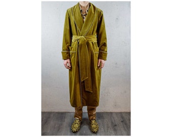 Men’s Bathrobe Olive Green Velvet Monogrammed Gents Housecoat Dressing Gown Robe Smoking Jacket