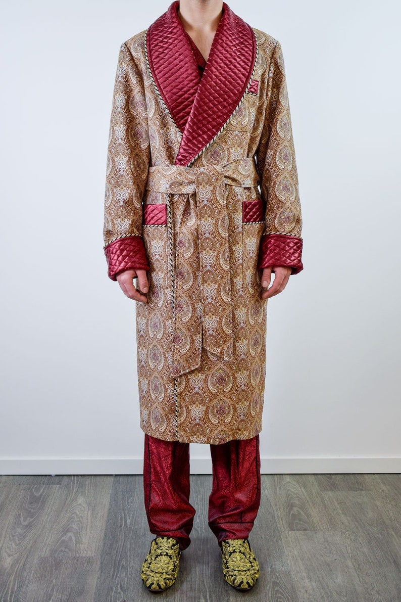 Mens Dressing Gown Gold Brown Floral Paisley Burgundy Quilted Cord Piping Classic Victorian Smoking Jacket Monogrammed Gents Housecoat image 4