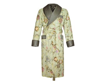 Mens Robe Dressing Gown Olive Green Antique Floral Vintage Lounging Robes Smoking Jacket Housecoat Monogrammed Victorian Regency Bridgerton